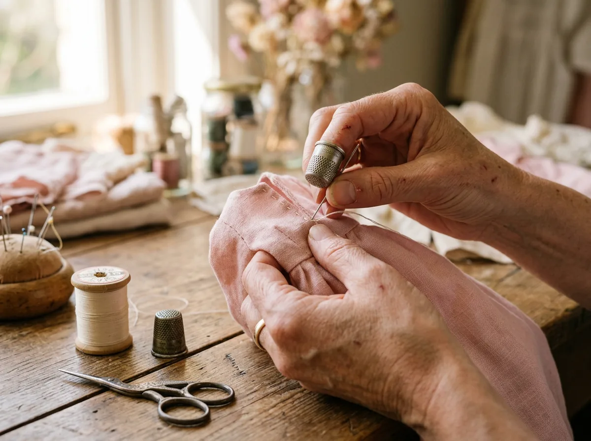 Hands hand-stitching a soft pink seam with a thimble and thread spools