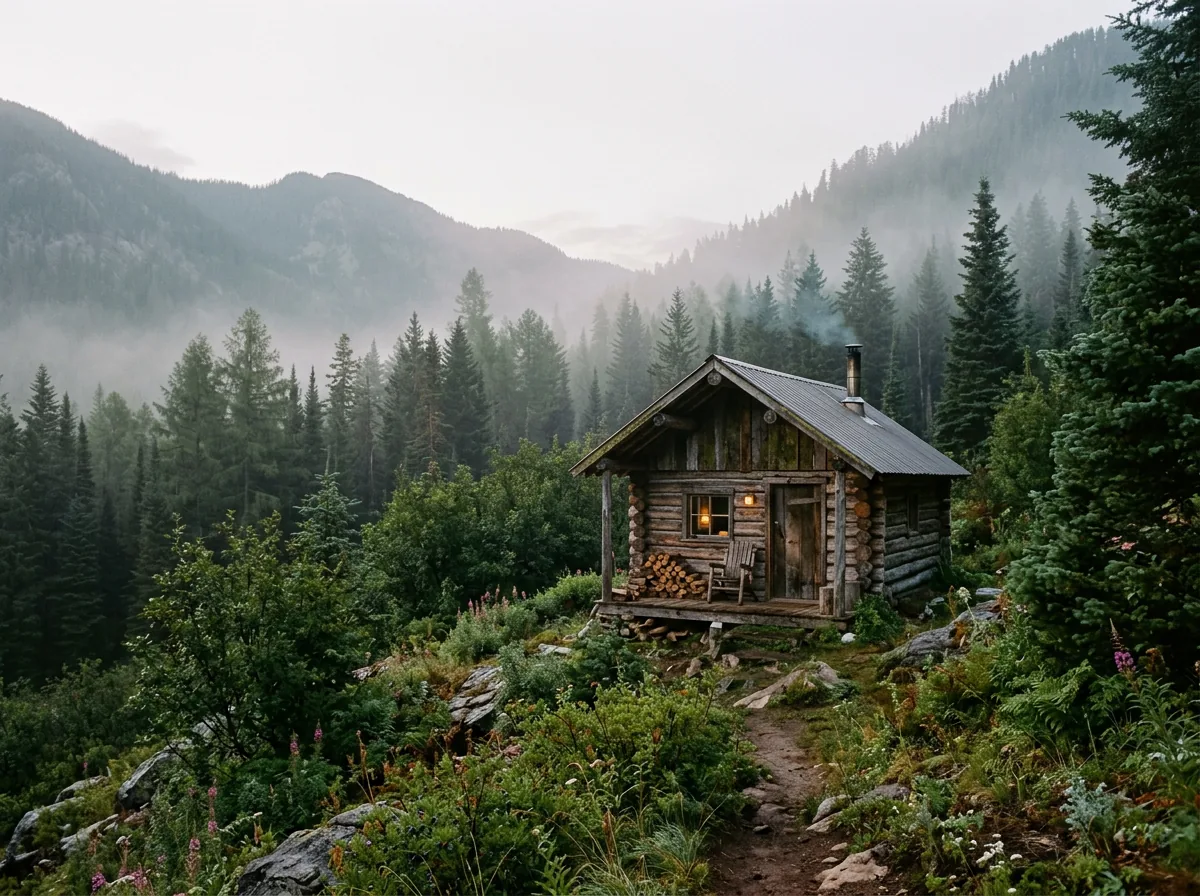 Small hand-built log cabin on a misty forested mountainside