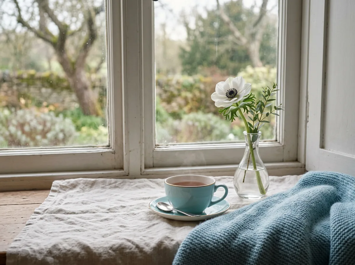 Cup of tea by a window with a soft blue blanket and a single flower