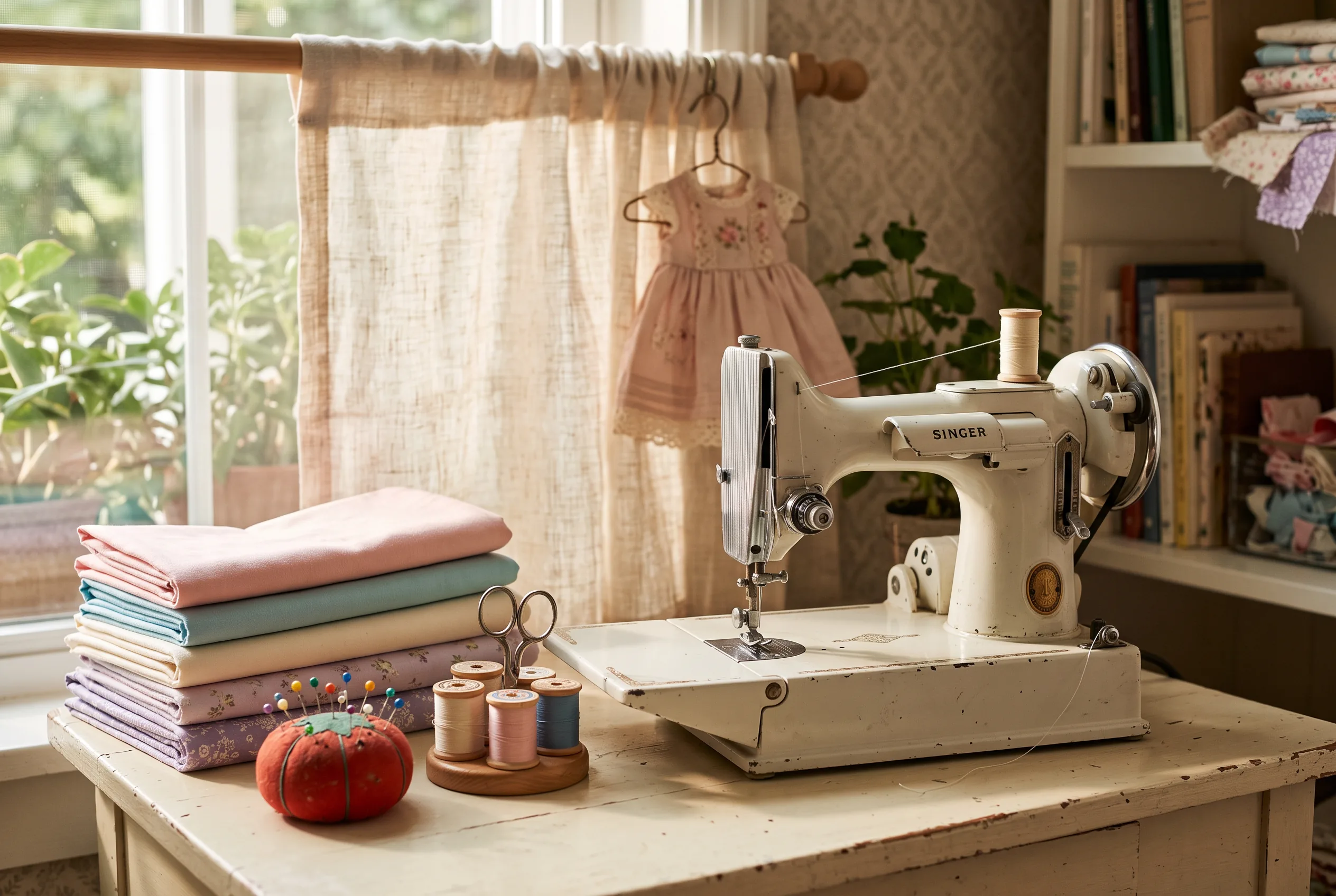 Sunlit sewing table with a handmade doll dress, pastel fabrics, lace and thread